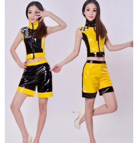 Black neon yellow patchwork pu  leather women girls kids children performance singer pole dance  jazz dance hip hop dancing costumes outfits